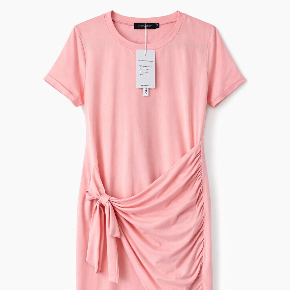 MEROKEETY Blush Pink Ruched Tie Midi Dress Size M NWT